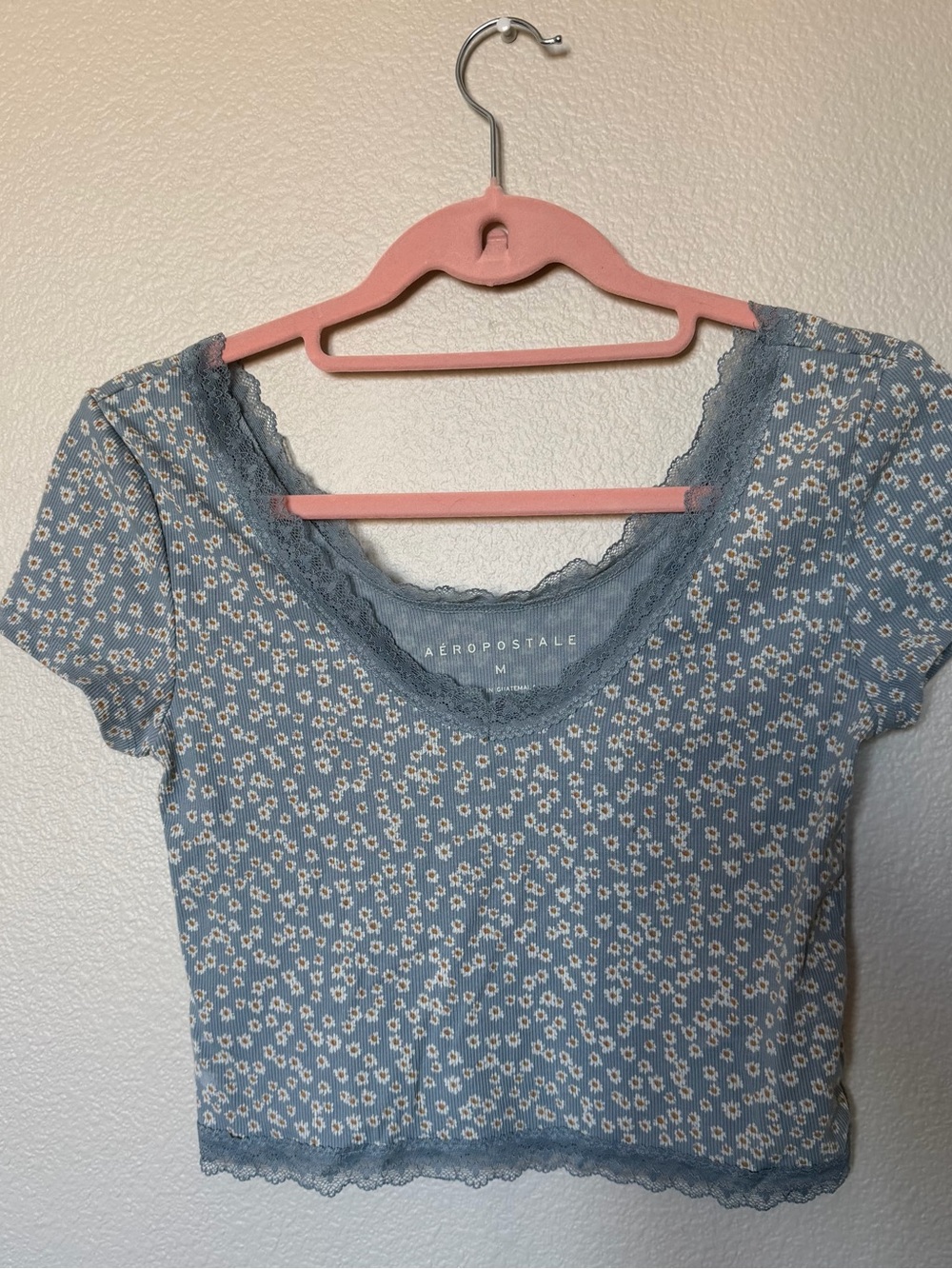 Aeropostale Dusty Blue Floral Lace-Trim Crop Top